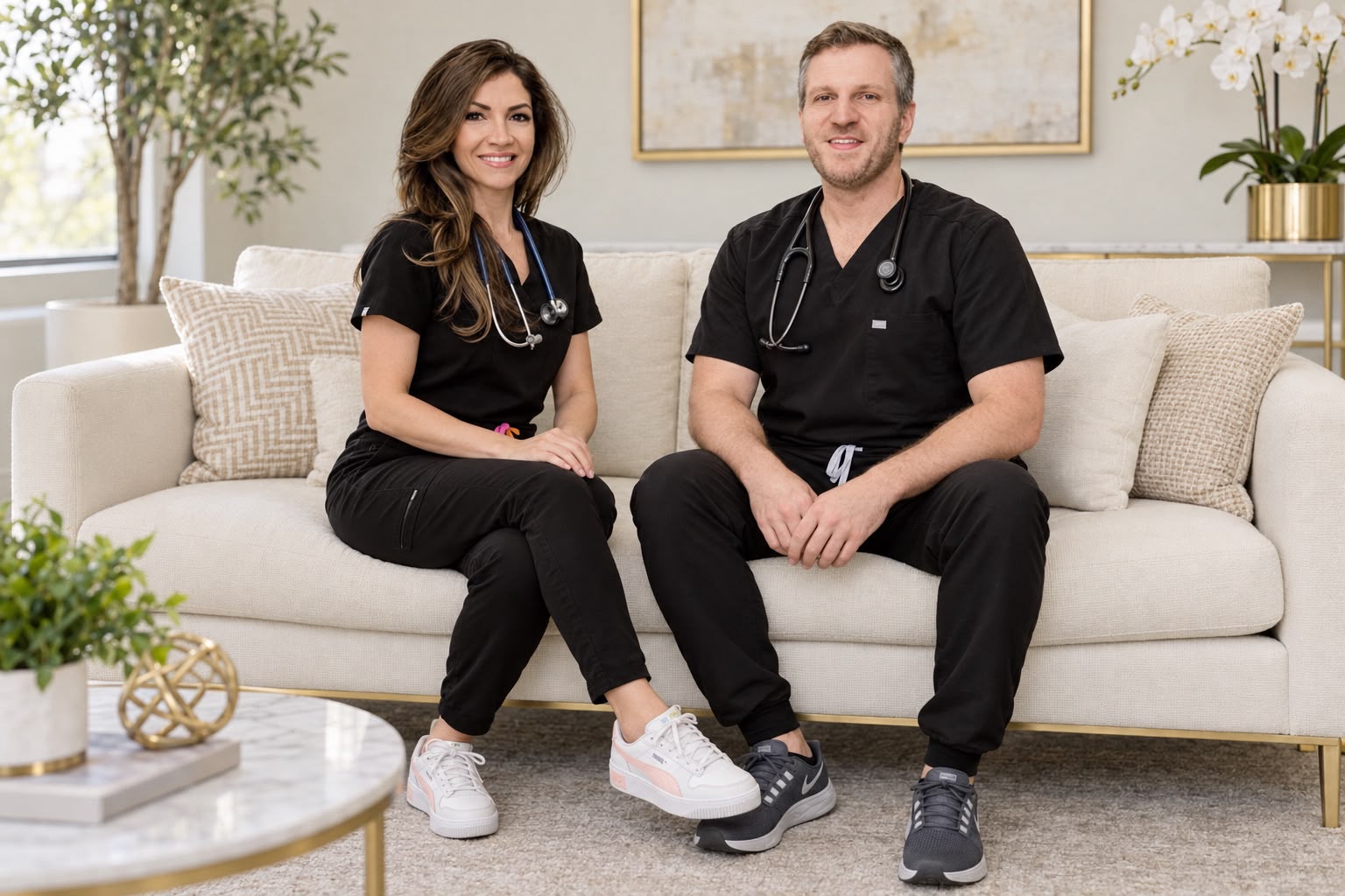 Noor Daoud, PA-C and Yacob Habboush, MD, MPH seated in clinic scrubs